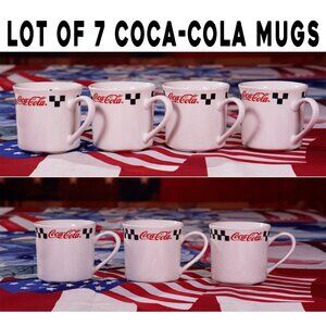 Lot of 7 Vintage Coca-Cola Diner Mugs Gibson Checkered Racing Stripe Coffee Cups